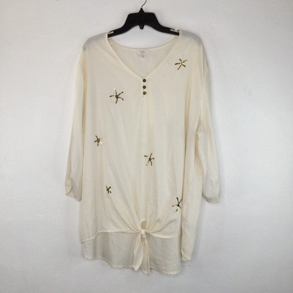 Coral Bay Blouse Women 3X Ivory Sequin Star Tie Front Tunic 3/4 Sleeve Pullover